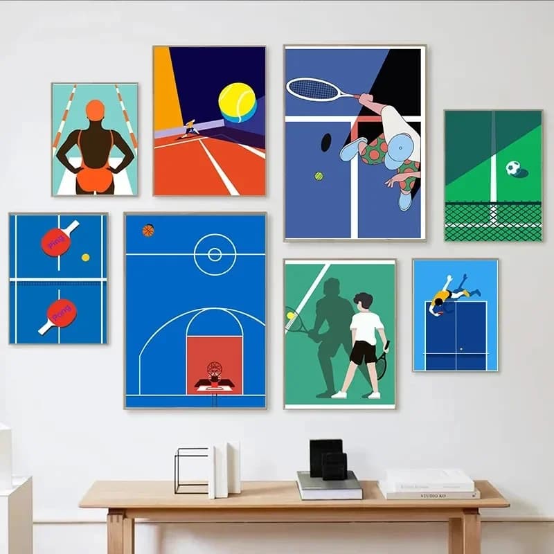 Quadro su Tela Minimalista con Palle da Calcio, Basket e Tennis, Arte Murale per Soggiorno Moderno e Arredamento Casa