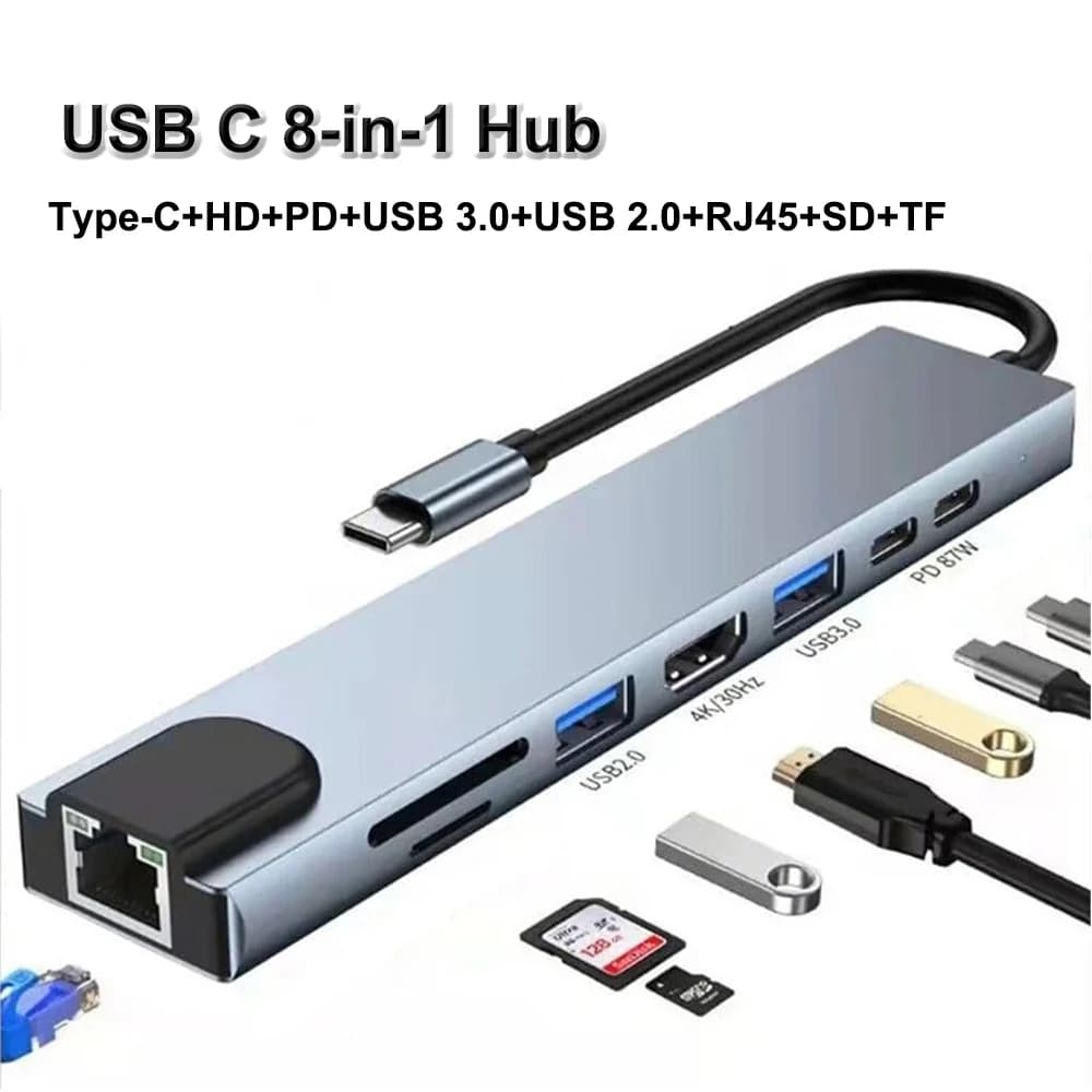 Hub USB C 8-in-1 Adattatore Multi-Porta per Computer Portatile, 4K HD, PD, USB 3.0, RJ45, SD/TF, Compatibile con Laptop MacBook