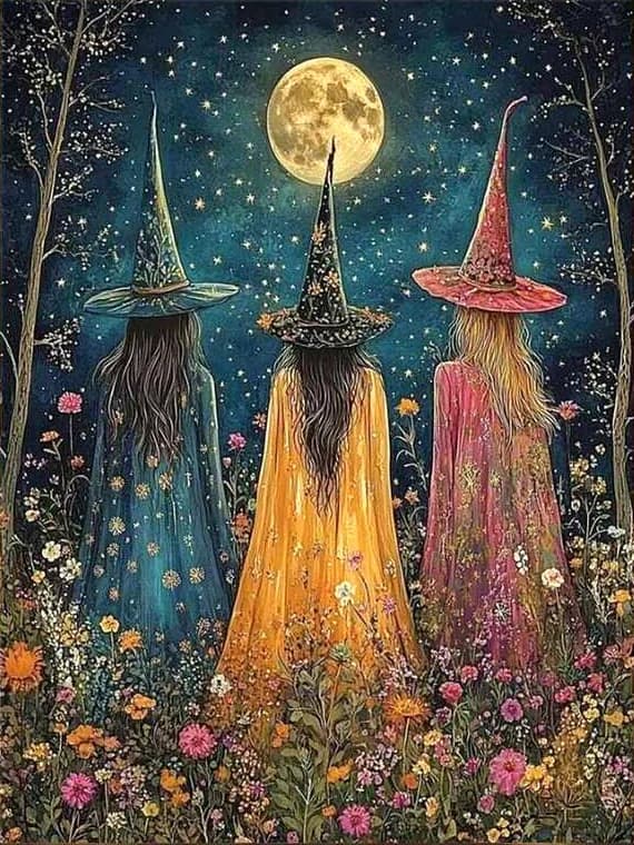 Kit Pittura Diamante 5D Tre Streghe al Chiaro di Luna, Punto Croce, Mosaico - Arte Floreale Mistica Notturna con Luna, Decorazione Murale Fai da Te