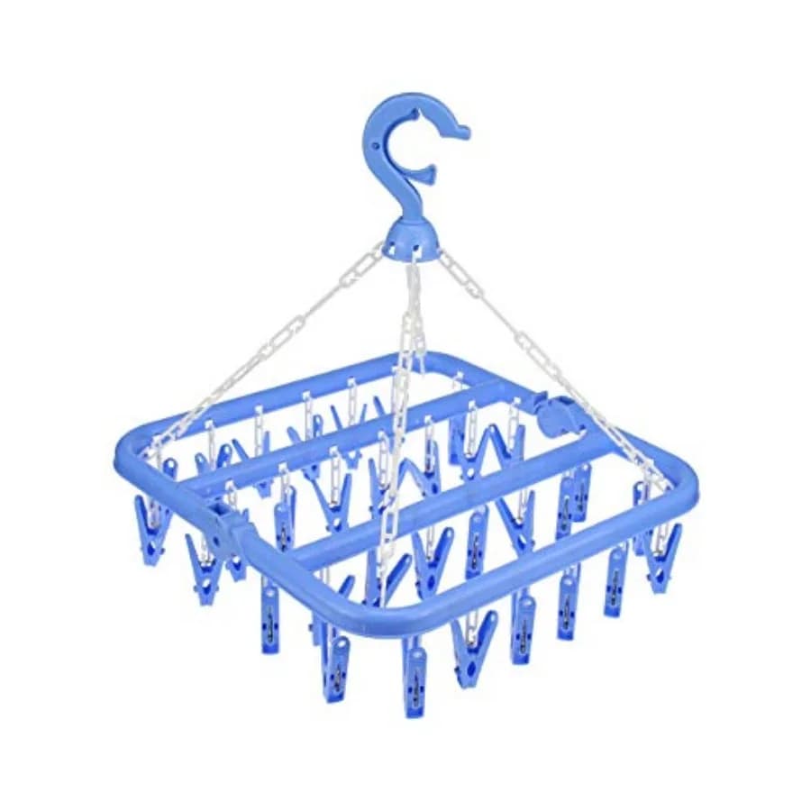 32 Clips Foldable Clothes Drying Rack, 360° Rotating Hanger with Windproof Hook for Socks Underwear Baby Clothes Towels Bras Di
