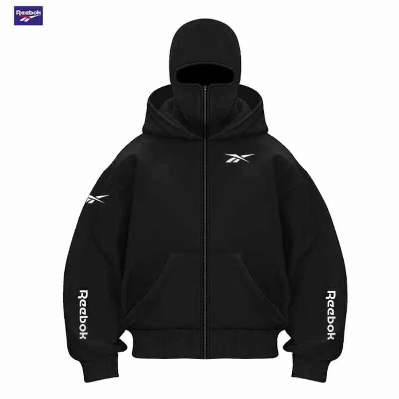 Nuovo maglione con cappuccio e doppia tasca Reebok da uomo per l'autunno/inverno con maschera per il viso e cerniera, abbigliamento sportivo - Comodo e rilassante da indossare