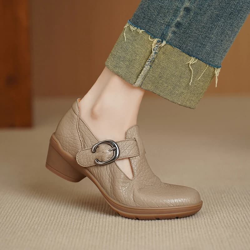 New Women's Sheepskin Round Toe Narrow Band T-strap Slip-on Fashion Loafers Thick Sole Platform Mid-heel Moccasins Casual Shoes