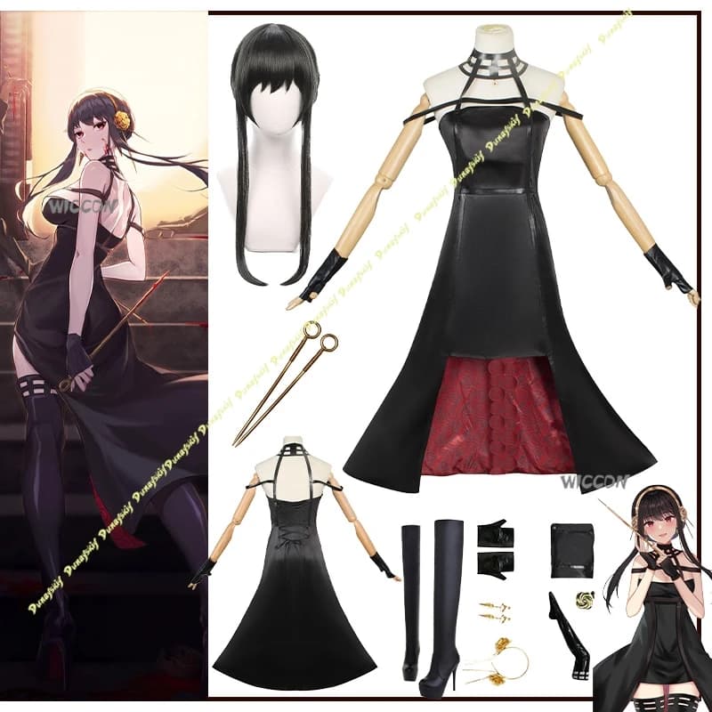 Abito anime Yor Forger Costumi Cosplay Parrucca per ragazze Abito da donna di Halloween Set di accessori per lotta di scarpe sexy nere Festa di Natale