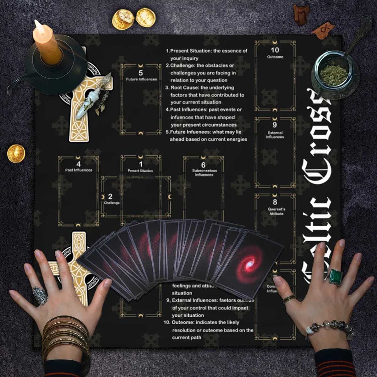 Tovaglia per tarocchi con croce celtica, rune, stregoneria, tarocchi, panno cerimoniale, carta oracolo, decorazione per feste in poliestere