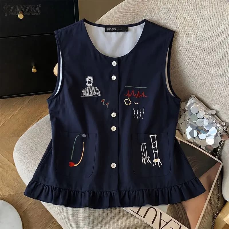 Canotte Stampate Vintage 2026 ZANZEA Estive da Donna Senza Maniche con Bottoni - Camicetta Casual Larga per Vacanze, Spiaggia e Lavoro