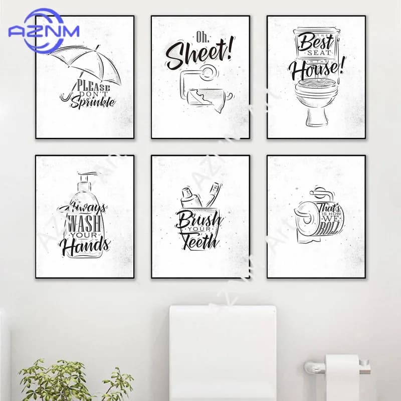 1PC/6PCS Stampa artistica su tela con motivo WC in bianco e nero, decorazione da parete per WC, poster artistico