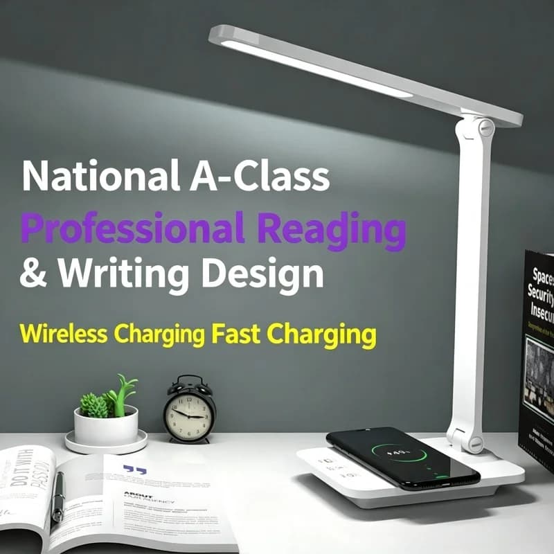 Eye Caring LED Desk Lamp with Wireless Charger Dimmable Reading Light USB Rechargeable Auto Timer for Dorm & Kids