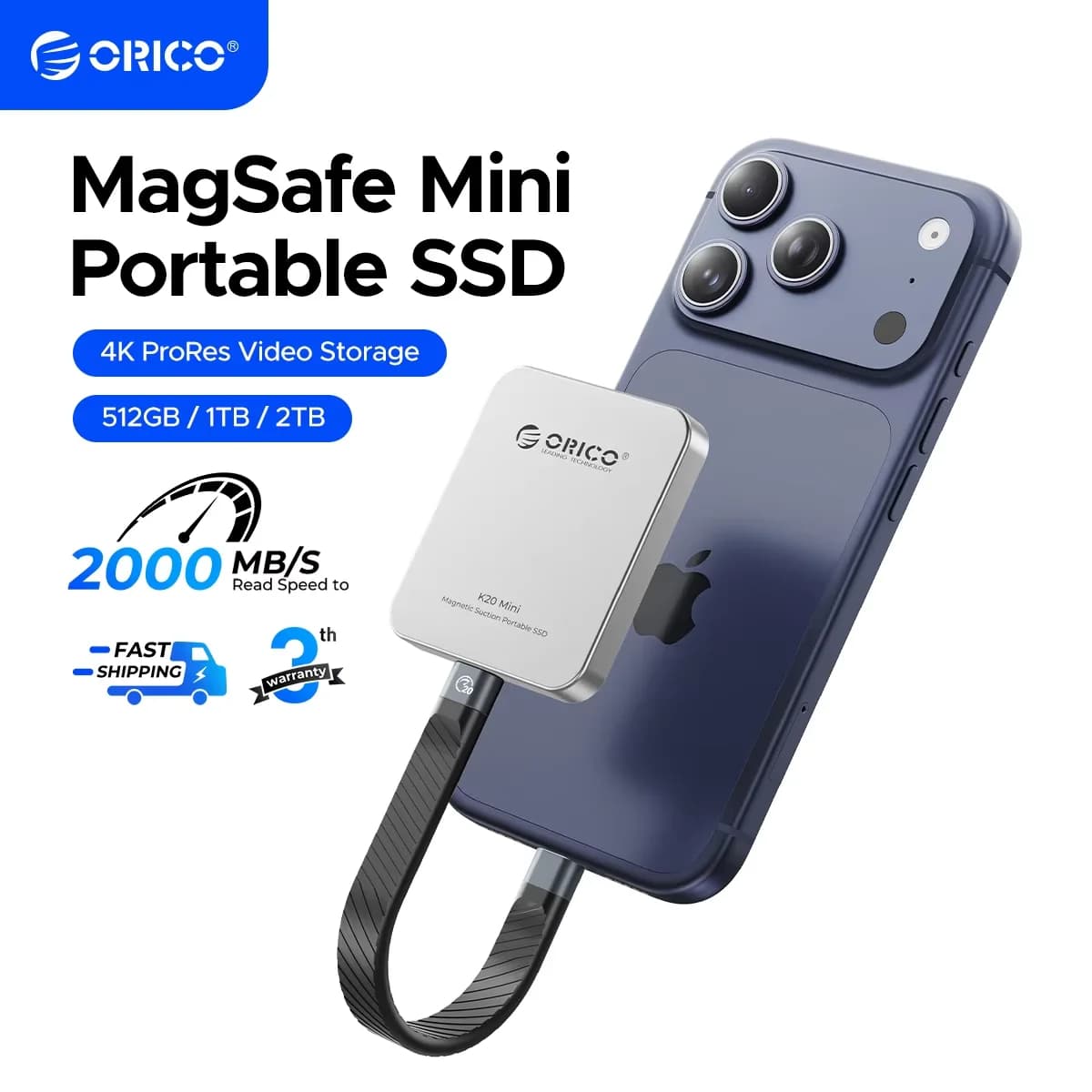 ORICO K20Mini SSD esterno magnetico per iPhone 17 16 Pro/Max ProRes 2000 MB/s 4K ProRes HDR Registra e memorizza Stato solido portatile