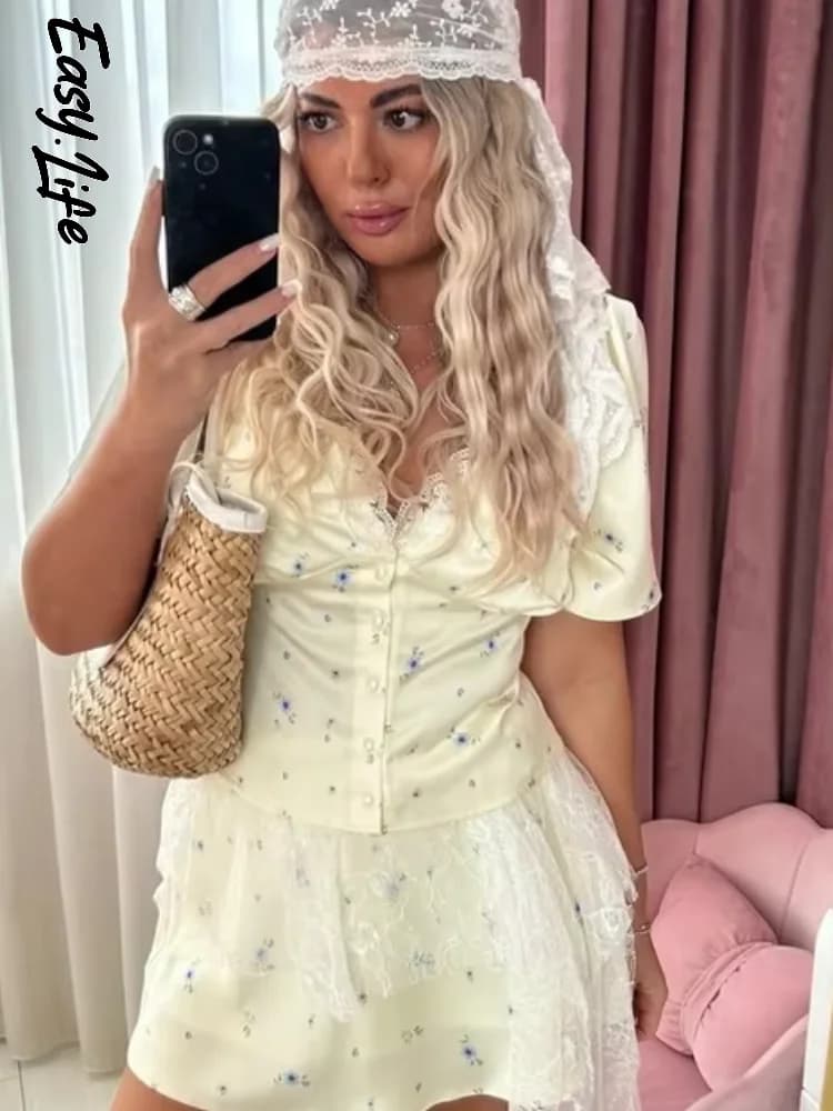 Floral Skirt Set Two Piece Deep V Neck Lace Trim Puff Short Sleeve Button Front Mini Skirt New Summer Holiday Casual Set 2026