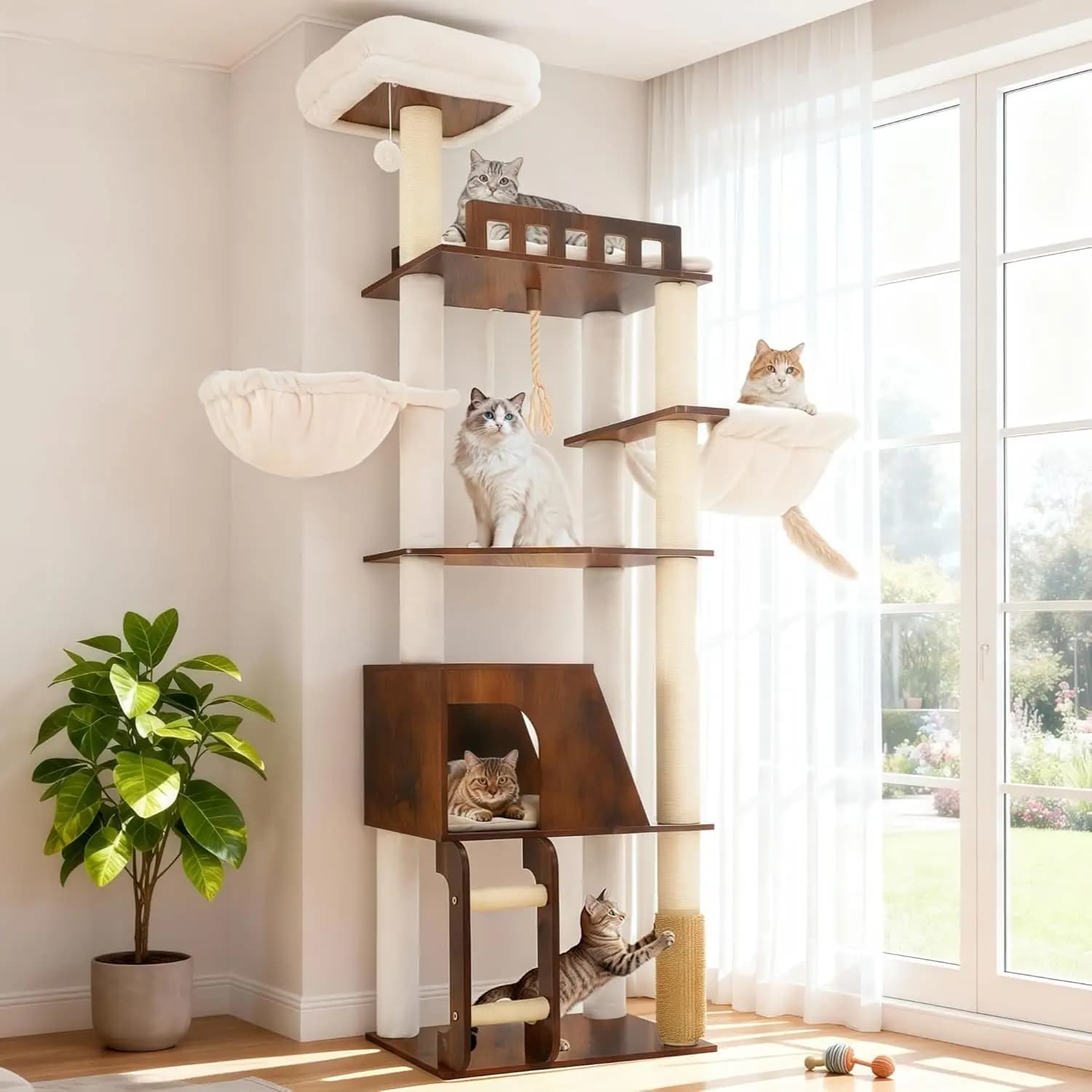 Albero per gatti in legno da 69,7 pollici con ampie piattaforme, amaca, casetta, pali di sisal, scala, spazzola, impermeabile, marrone rustico