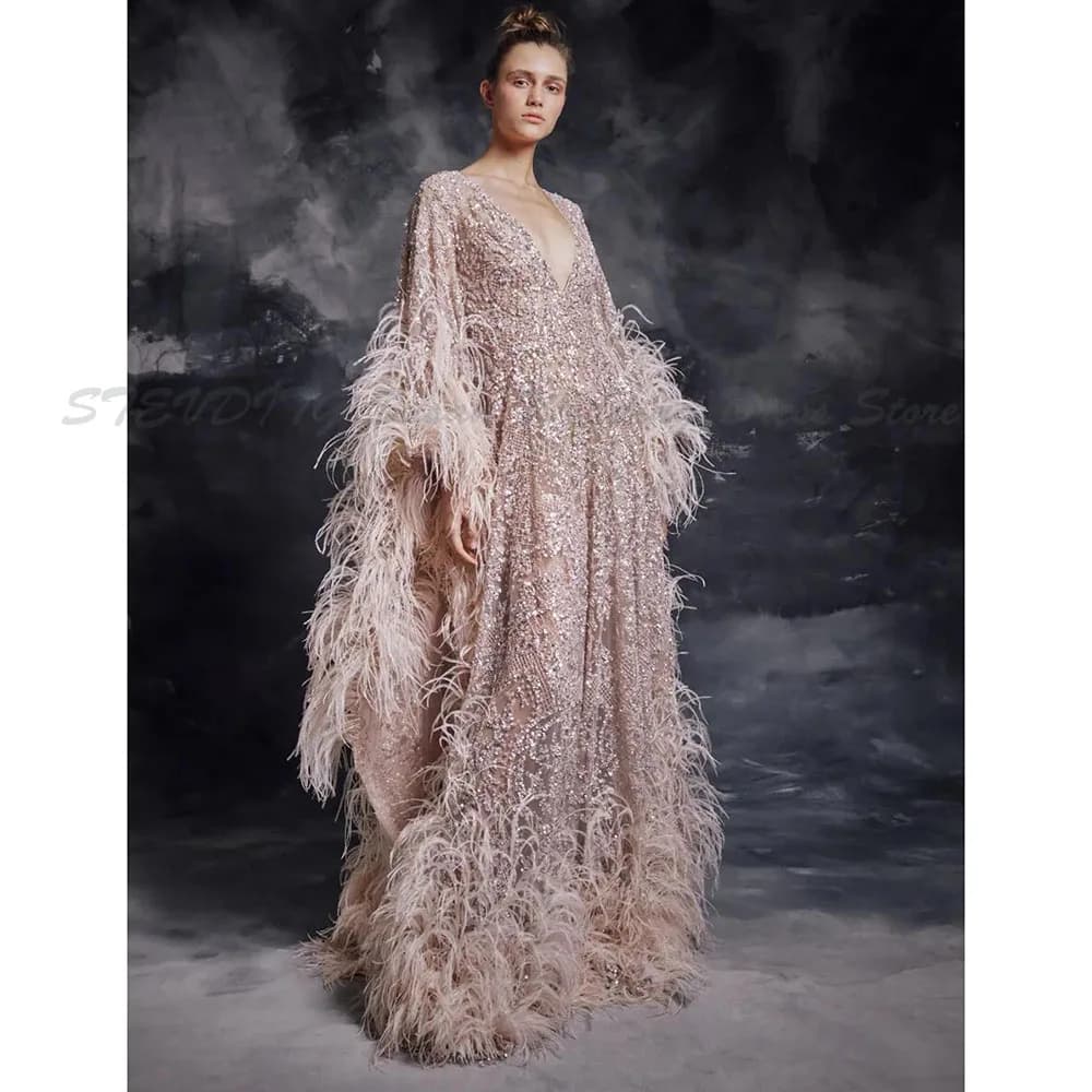 Modesto Krikor Jabotian Elegante scollo a V Manica lunga A Line Abiti da sera Paillettes Pizzo Piume Abiti da cerimonia Sweep Train Party