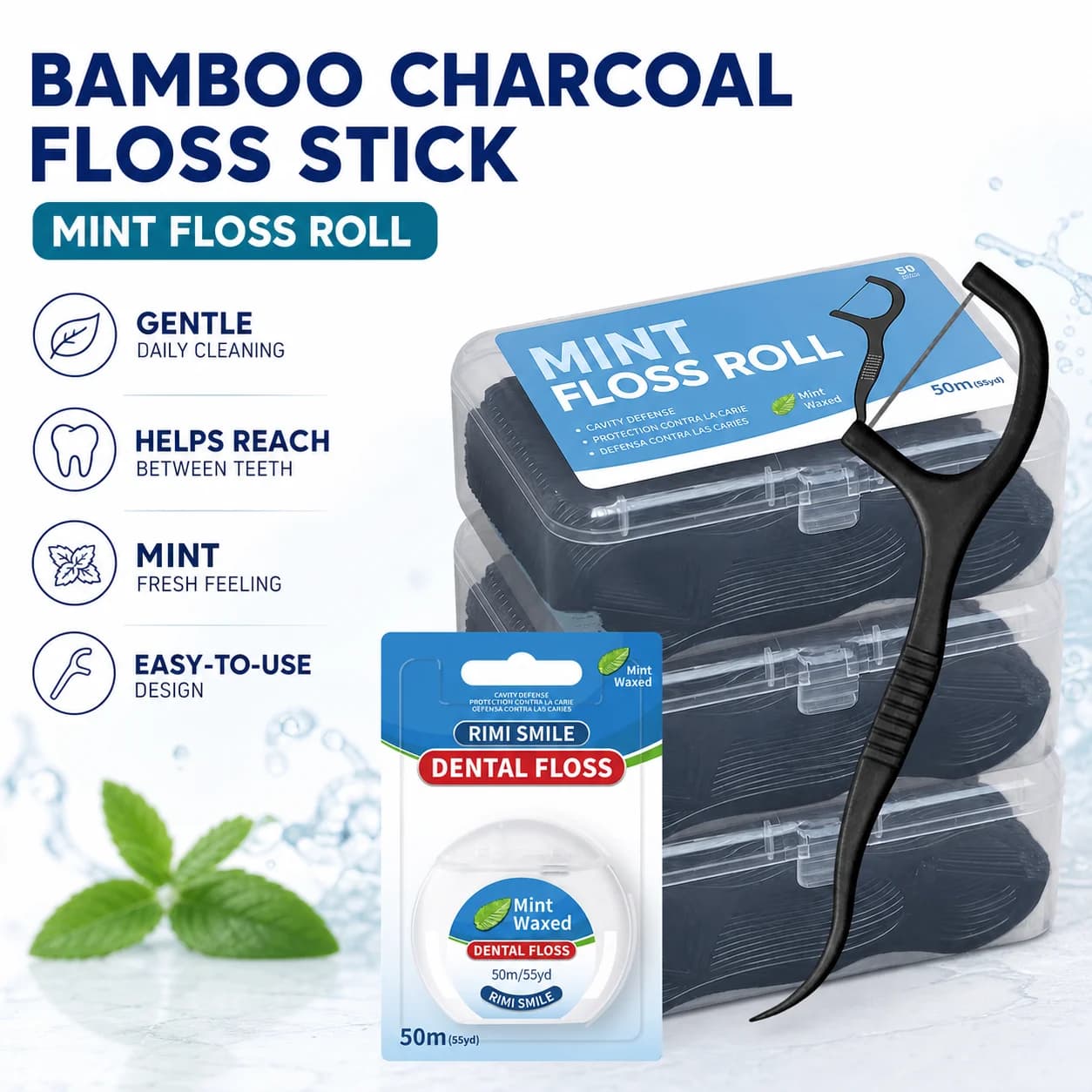 50 pcs/box of bamboo charcoal composition floss stick, you can choose 50m cool mint floss roll, home oral care set.