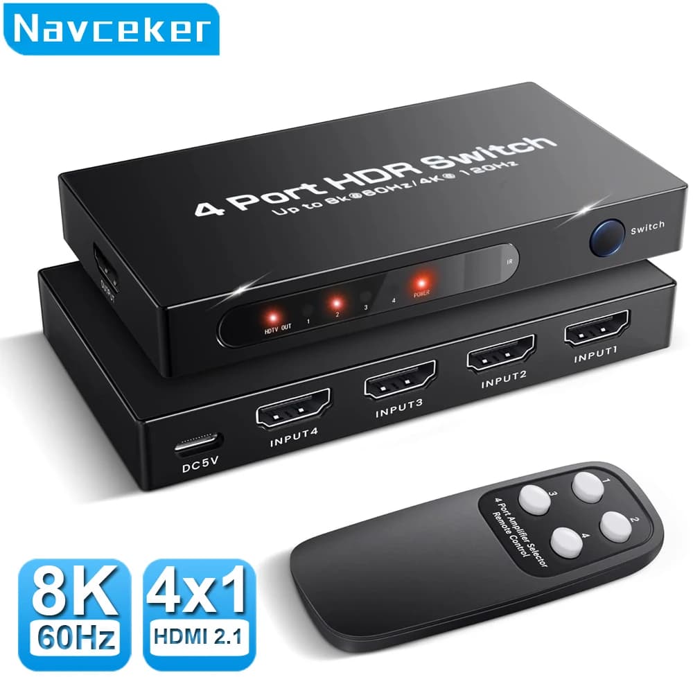 Navceker Switcher HDMI 2.1 8K 60Hz 4K120Hz Switch compatibile HDMI 4 in 1 uscita con convertitore di telecomando per monitor Xbox PS5