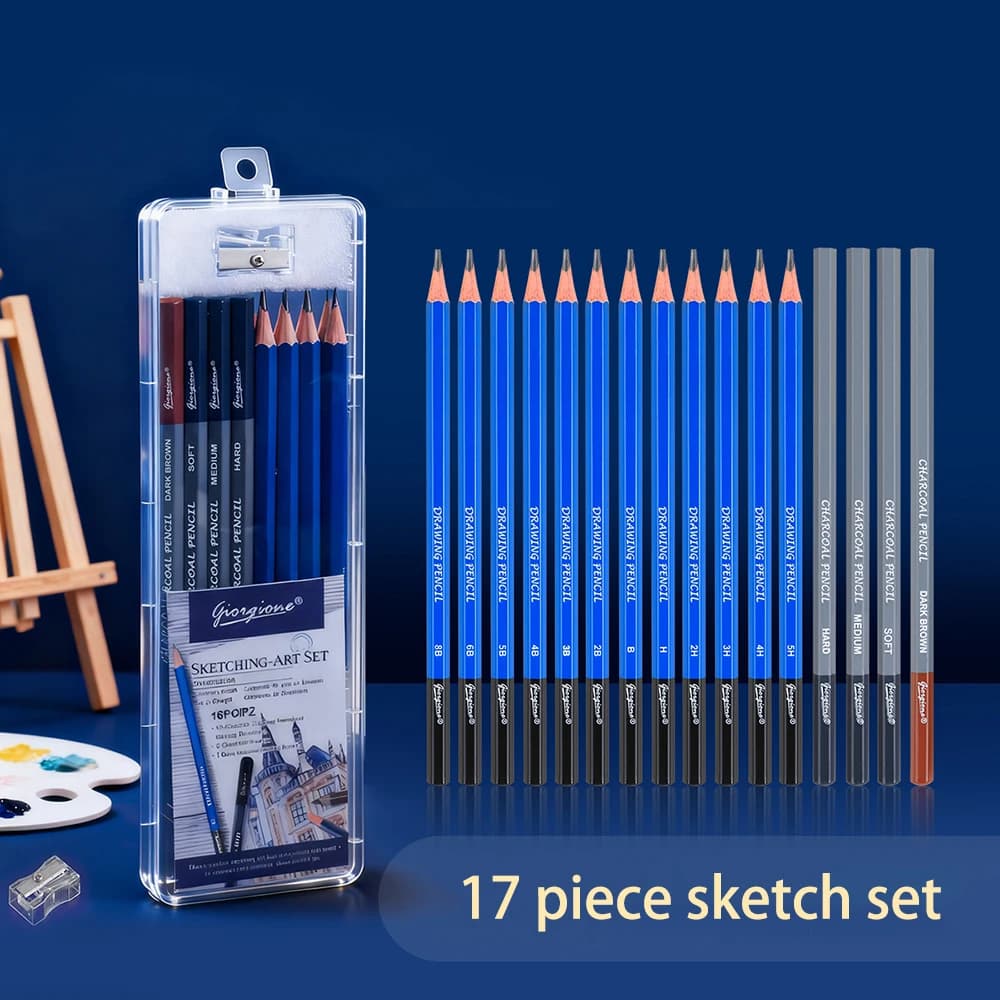 17 piece sketch pencil set, student charcoal drawing art student tool, hexagonal pen holder, multiple hardness options