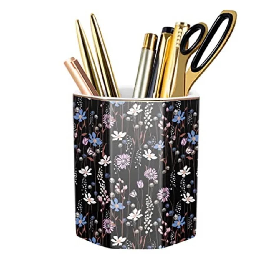 Portapenne in Ceramica con Motivi Floreali per Scrivania, Organizzatore per Matite Colorate di Grande Capacità per Ufficio, Porta Pennelli da Trucco per Ragazze e Donne