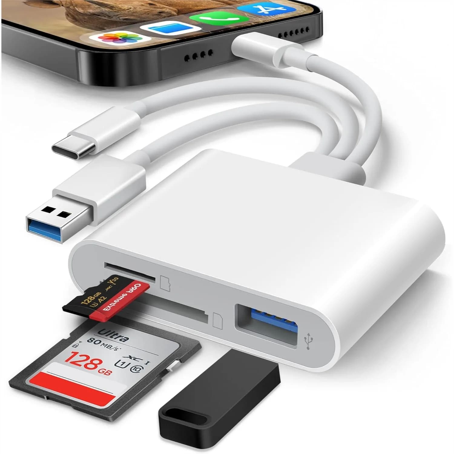 Lettore di schede SD per iPhone iPad Mac, adattatore per schede di memoria 3 in 1 Lightning USB-C USB-A, supporta SD/MicroSD/USB OTG, Plug & Play