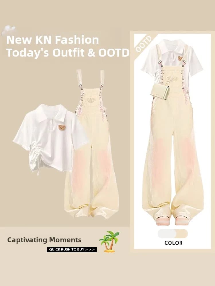 Completo Estivo Stile College con T-Shirt a Cintura e Pantaloni Lunghi, Nuova Collezione Moda in Fibra di Poliestere a Maniche Corte