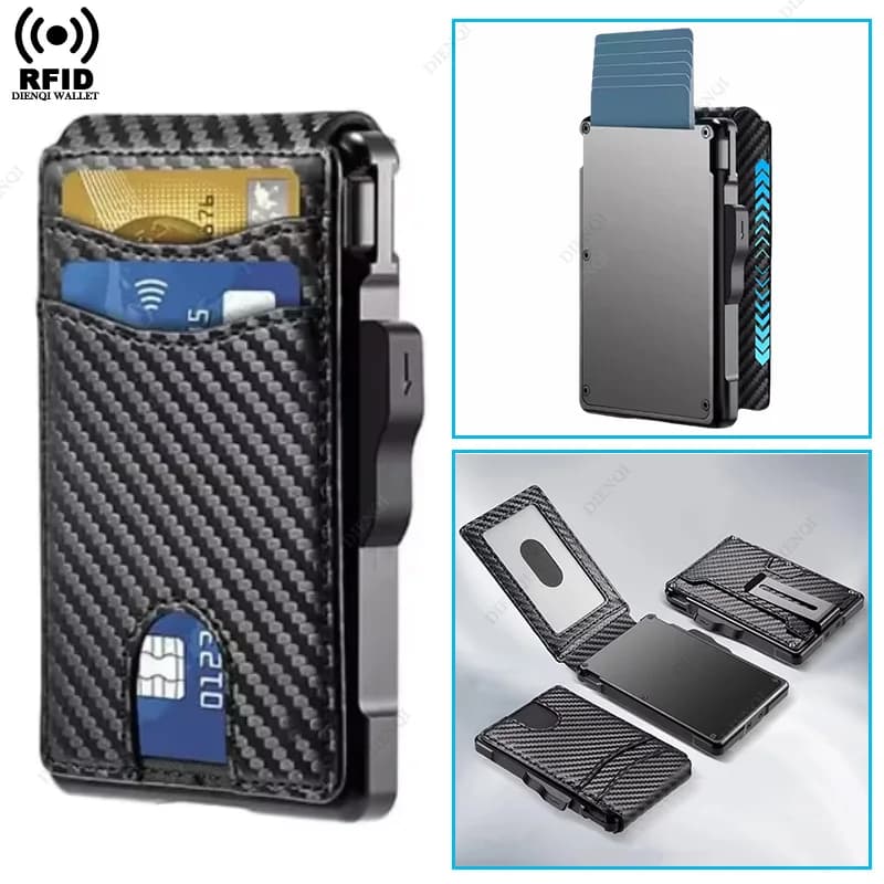 Portafoglio con blocco Rfid in fibra di carbonio Portafoglio intelligente in alluminio Porta carte di credito ID pop-up Portafogli bifold con fermasoldi in metallo per uomo