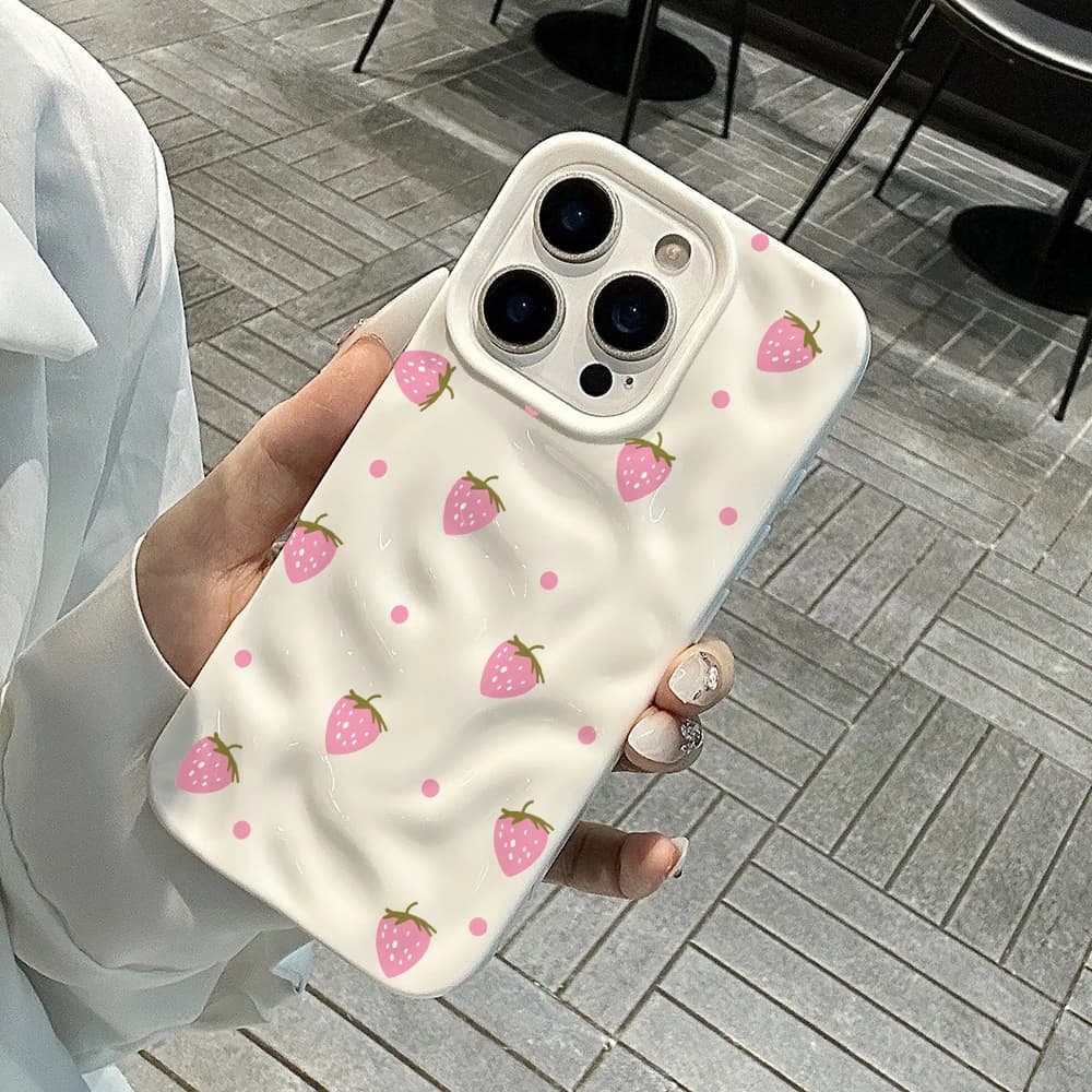Custodia Morbida in Silicone con Motivo a Pois Fragola Semplice e Onde Arricciate per iPhone 17 16 15 14 13 12 11 Pro Max 14 Plus 17 Air