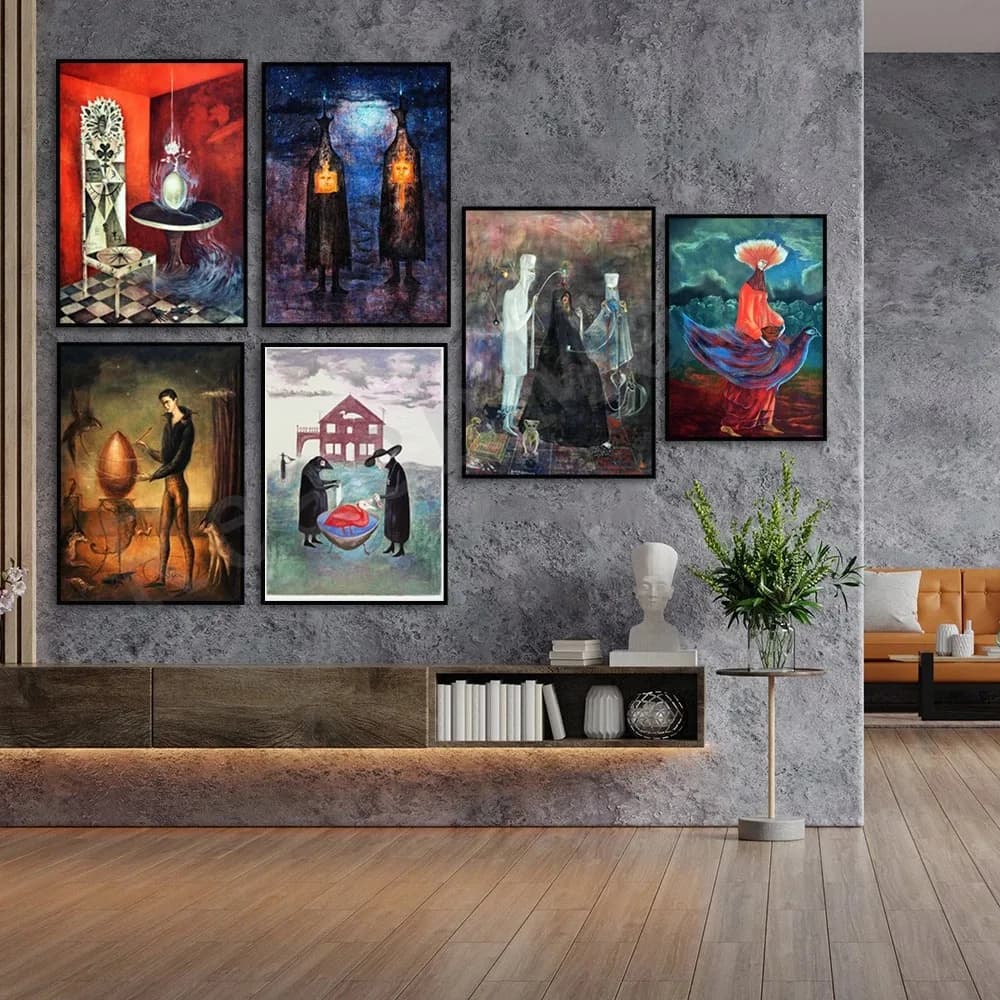 I Want To Be A Bird Two Dogs Howling At The Moon Bird Bath Leonora Carrington Painting Abstract Art Poster Modern Wall Decor