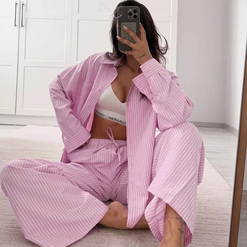 Fashion Blue Print 2 Piece Sets Woman Outfit Elegant Long Sleeve Single Breasted Shirts And High Waist Straight Pants Set