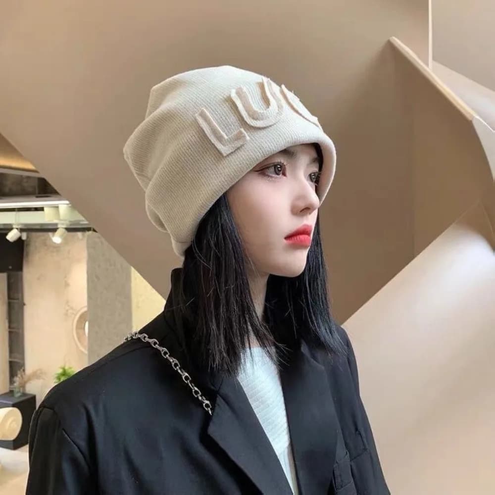 Polyester Fiber Women Beanie Hat Letter Embroidery Korean Japanese Style Slouchy Stack Cap Soft Knit Fabric Letter Knit Beanie