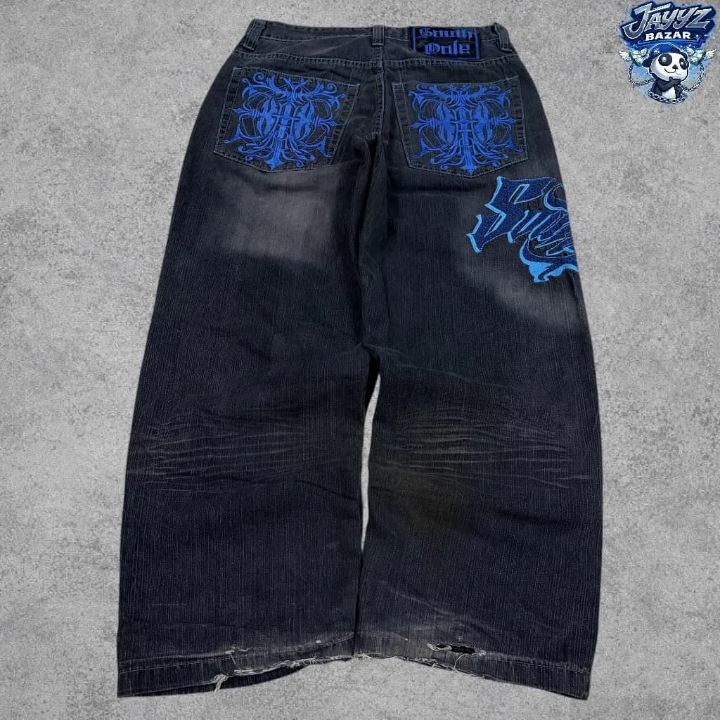 Jeans Southpole Blu con Grafiche, Moda Hip-hop Americana, Pantaloni Dritti con Lettere, Stile Casual Coreano, Pantaloni Larghi Graffiti per Coppie