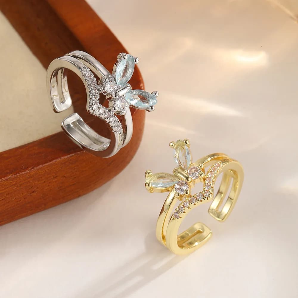 1pcs Light Luxury Double Layer Butterfly Open Ring for Women with Sparkling Diamond Zircon Design, Small and High End, Adjustable Ring, Women Jewelry Set Necklace Earrings Studs Ring Bracelet Anklet Boho Fashion Accessories