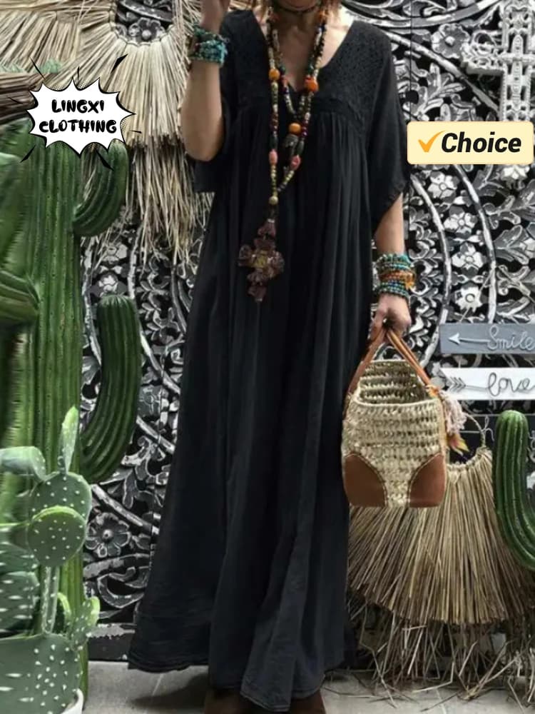 Abito lungo da donna elegante in cotone e canapa, moda estiva, scollo a V, casual, in pizzo, mezza manica, tinta unita