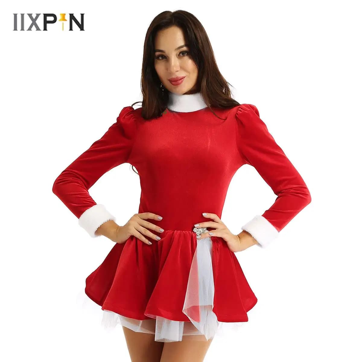 Abito da festa di Natale da donna in velluto a maniche lunghe Figura Pattinaggio su ghiaccio Balletto Danza Body Abito Babydoll Intimo Festa a tema