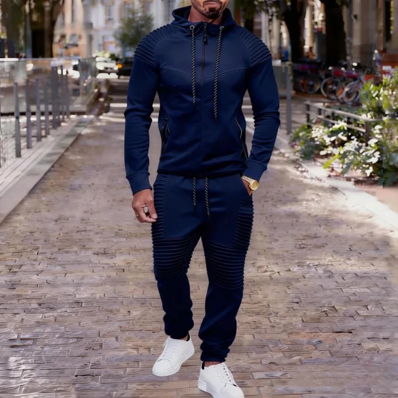 Men's suit with hood and zip, pleated details, set 2 pieces, casual suit with jogger pants