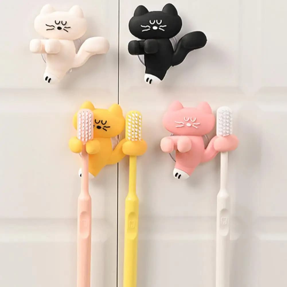 Cute Cat Suction Mount Bathroom Toothbrush Holder, Cartoon Cat Silicone Toothbrush Holder for Saving Space Adhesive Holder