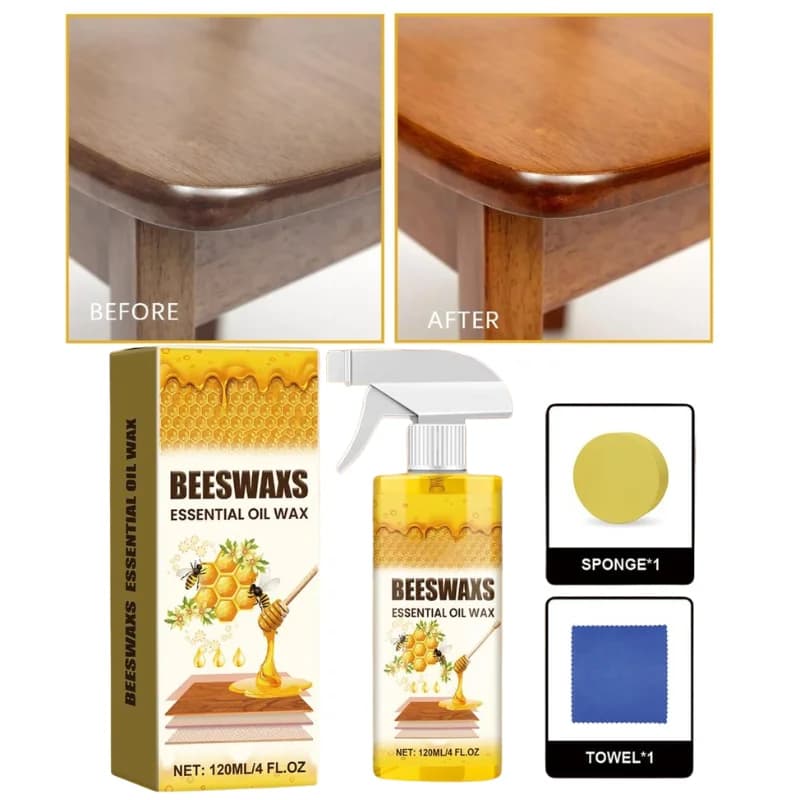 Spray lucidante per legno con cera d'api per la cura di pavimenti e mobili, spray con olio essenziale di cera d'api naturale, con spugna e panno, 120ML