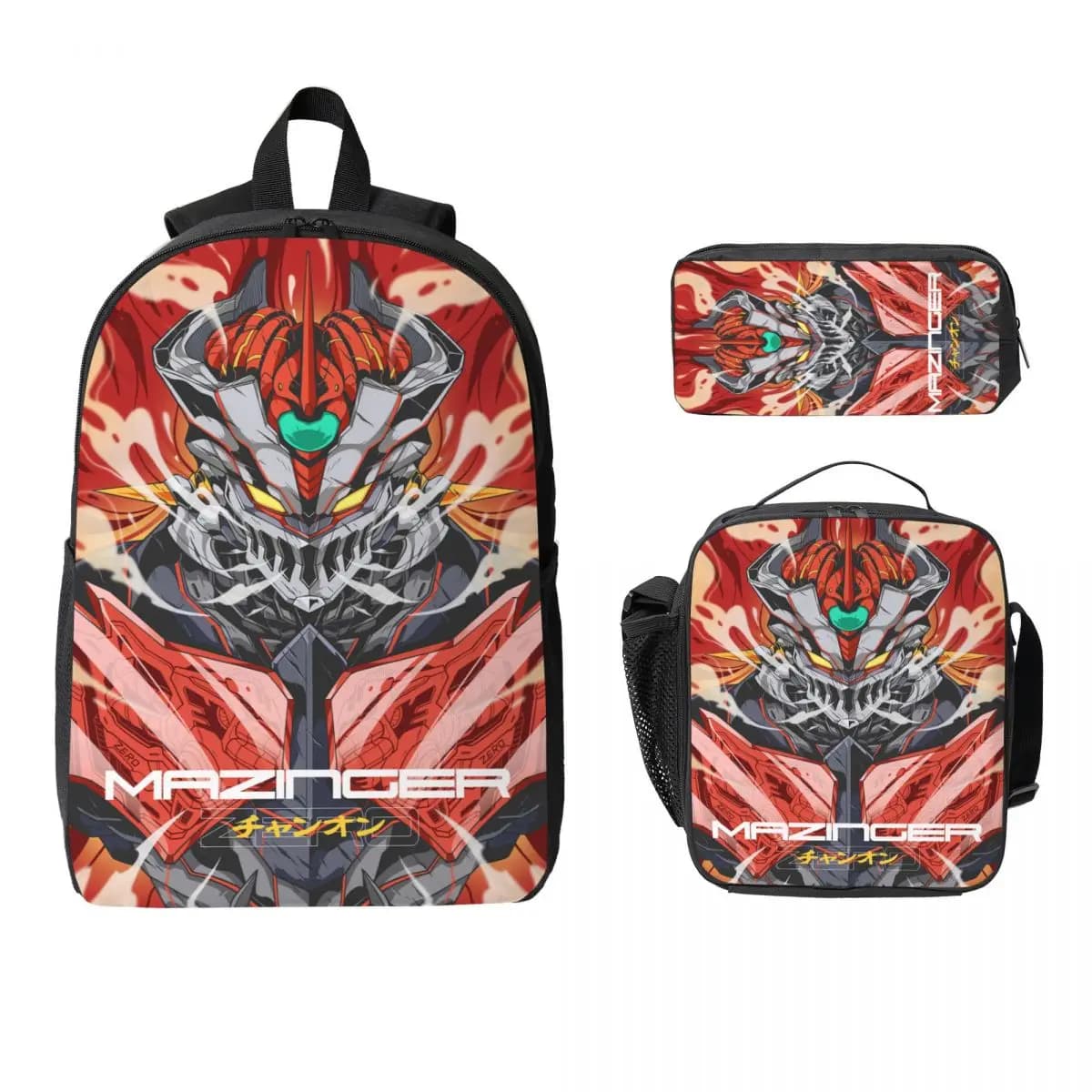 Set di zaini Mazingers merch da 3 pezzi per bambini, astucci per matite, set di zaini con scatola per il pranzo, per studenti delle scuole