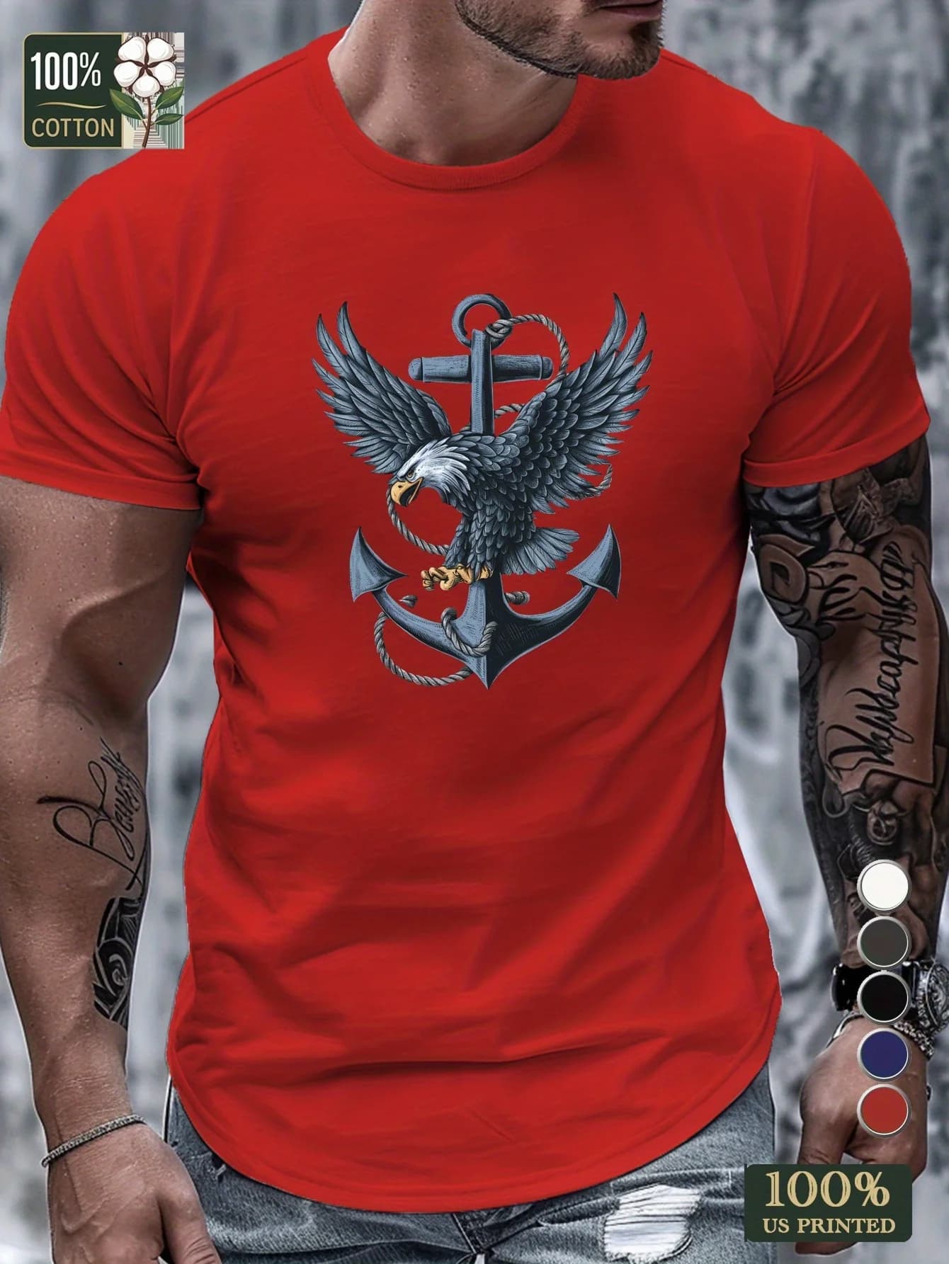 T-shirt da uomo estiva 100 cotone alla moda casual allentata con ancoraggio a barca e motivo con aquila, girocollo, stampata, a maniche corte