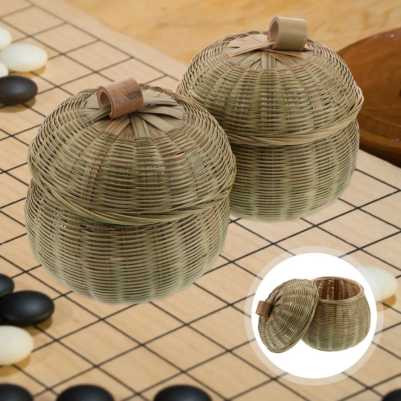 2 Pezzi Contenitore per Scacchi Go in Bambù Intrecciato con Coperchio Sicuro, Organizzatore Tradizionale per Giochi da Tavolo