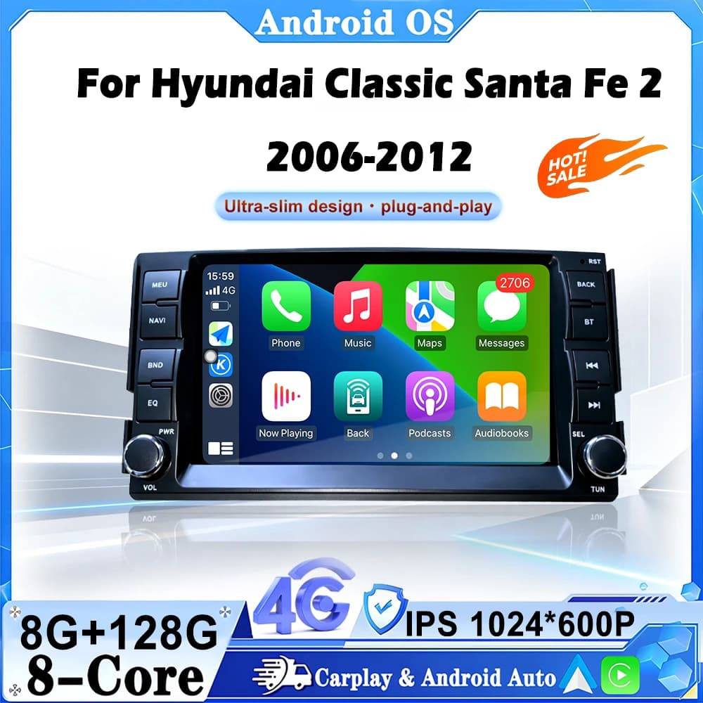 For Hyundai Classic Santa Fe 2 2006-2012 Android Auto Carplay Car Radio Multimedia Video Player GPS Navigation WiFi Bluetooth