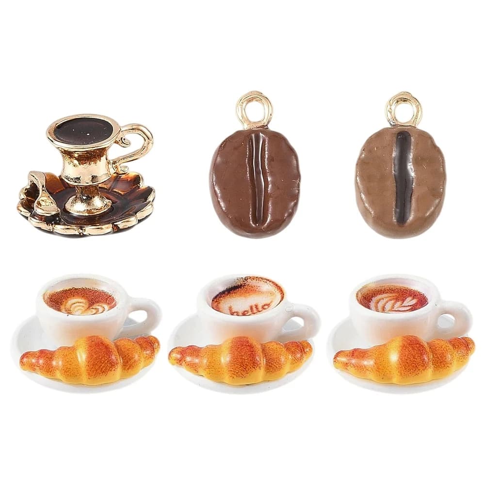 KitBeads 6pcs Coffee Alloy Enamel Charms Croissant Coffee Cup Bean Decor for Jewelry Decor Making Bracelet Necklace Crafts