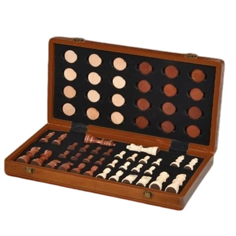 T22C Portable Storage Board 2-In-1 Foldable Magnetic Wooden Chess& Checkers Set, Tabletop Puzzle Game Toy