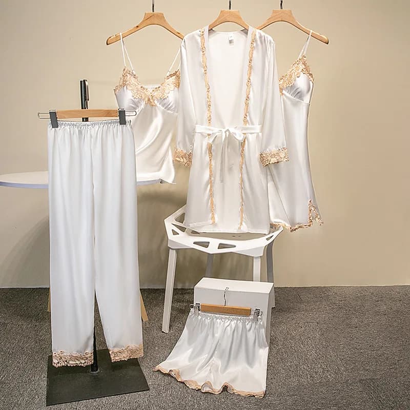 2026 Autumn Luxurious Satin Pajamas 5-piece Set Including Lace-trimmed Long Nightgown Strap Dress Shorts Pants and Home Wear