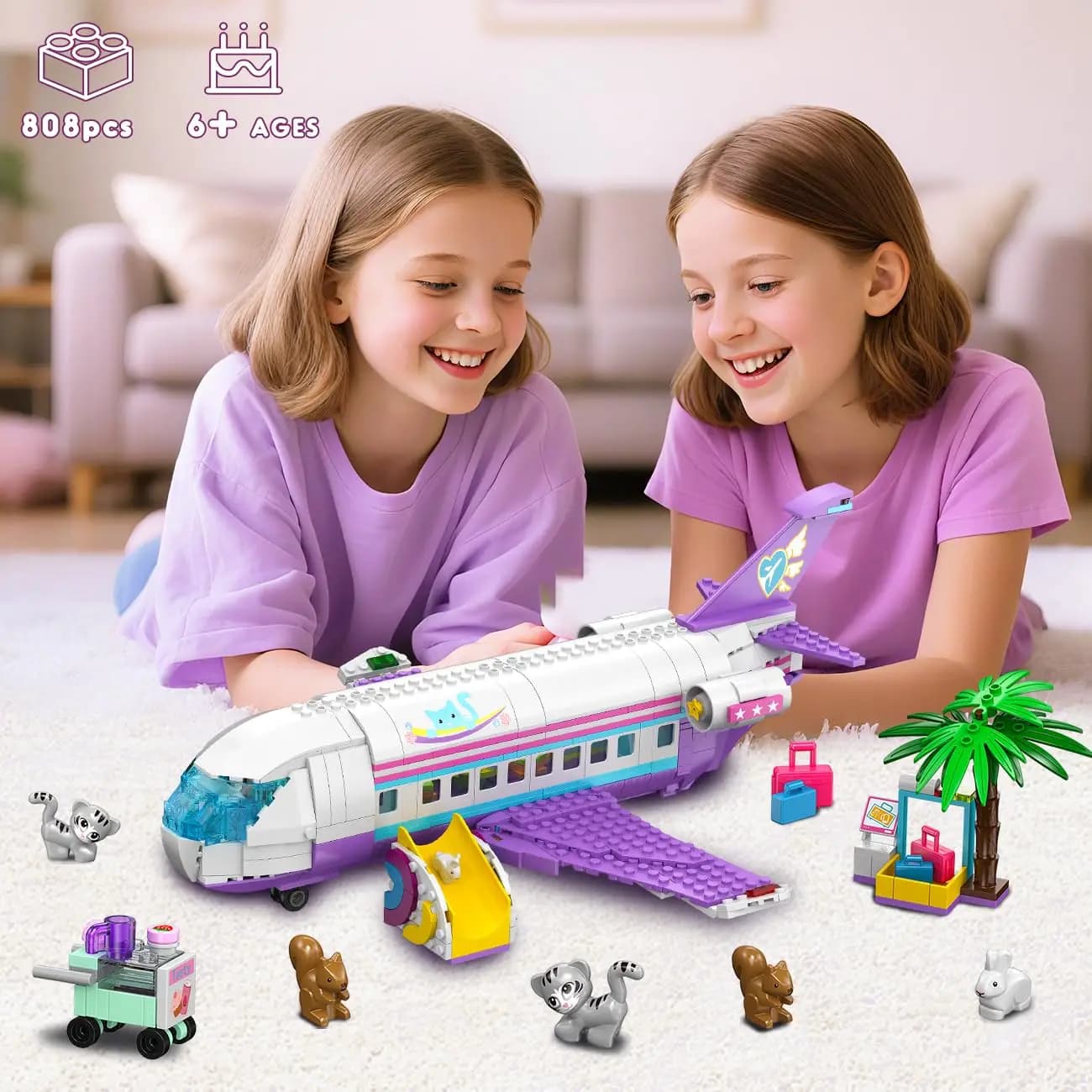 HOGOKIDS Set di giocattoli da costruzione per aeroplani 3 in 1, aereo/barca/camper con simpatici 6 mini animali, accessori e adesivi divertenti, regali per bambini