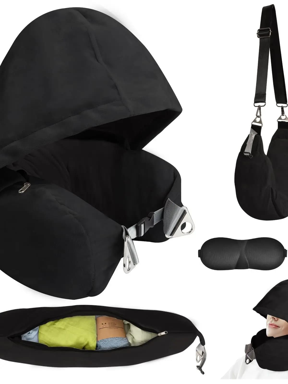 Cuscino da Viaggio Portatile a U per il Collo con Borsa Portaoggetti, Imbottitura in Tessuto, Cuscino da Appendere al Collo, Imbottitura in Particelle di Schiuma Non Porosa