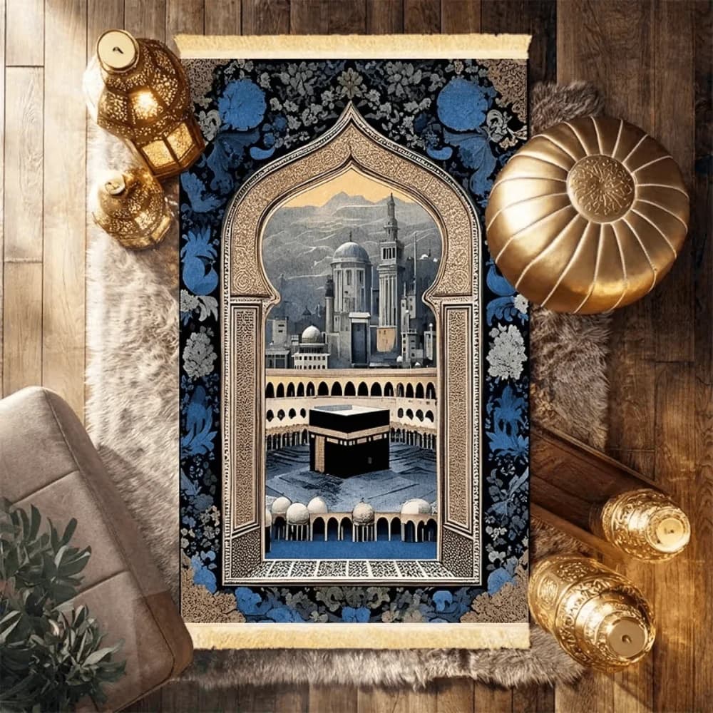 Tappetino da Preghiera Lavabile VIKAMA Bohemian Mosque, Design Vintage Blu e Oro, Tappeto Portatile da Viaggio per Ramadan, Eid, Preghiera Quotidiana