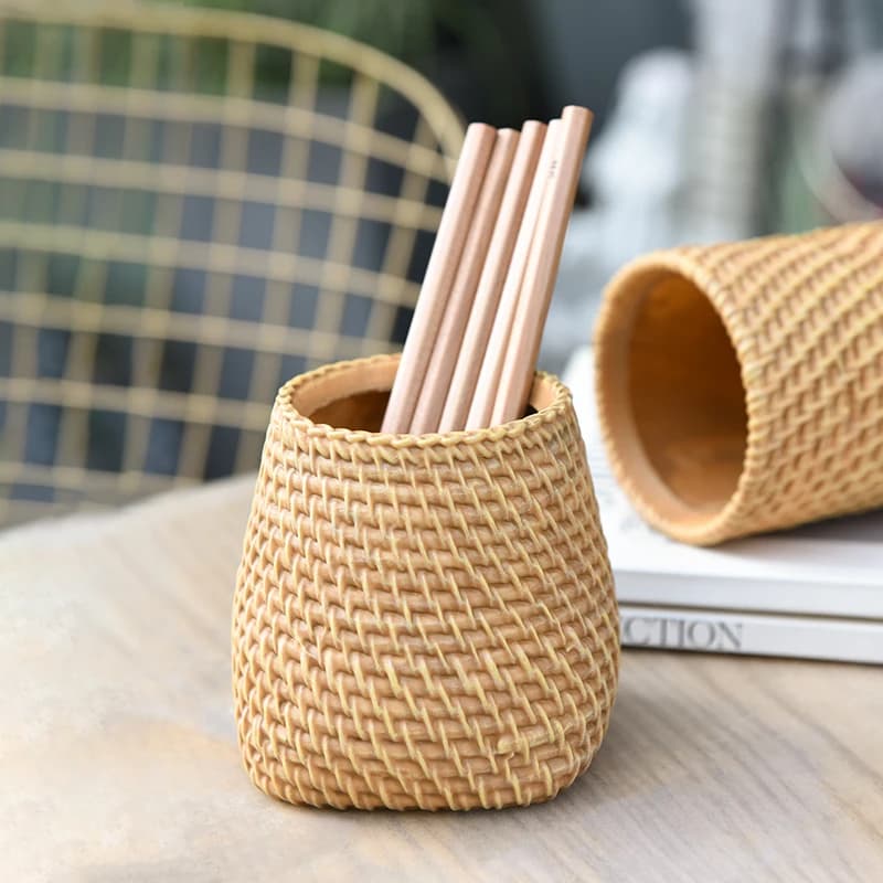 Imitation Rattan Weave Resin Pen Holder Minimalist Woven Texture Pencil Cup for Desk Organizer Home Office Study Tabletop Decor