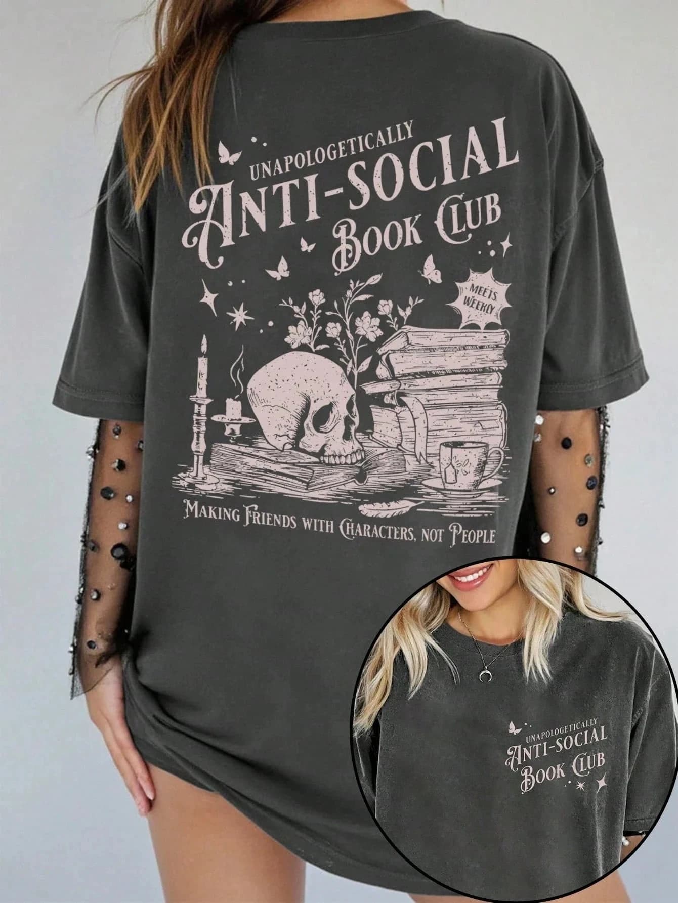 Four Seasons Women's Dark Grey T-shirt Anti Social Reading Club Retro Flower Book Pattern, Skull Letter Slogan Printed Women's