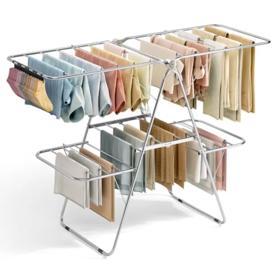 Stendibiancheria Pieghevole Regolabile in Altezza in Acciaio Inossidabile con 4 Ali e Clip per Calzini per Uso Interno ed Esterno Metal Connect