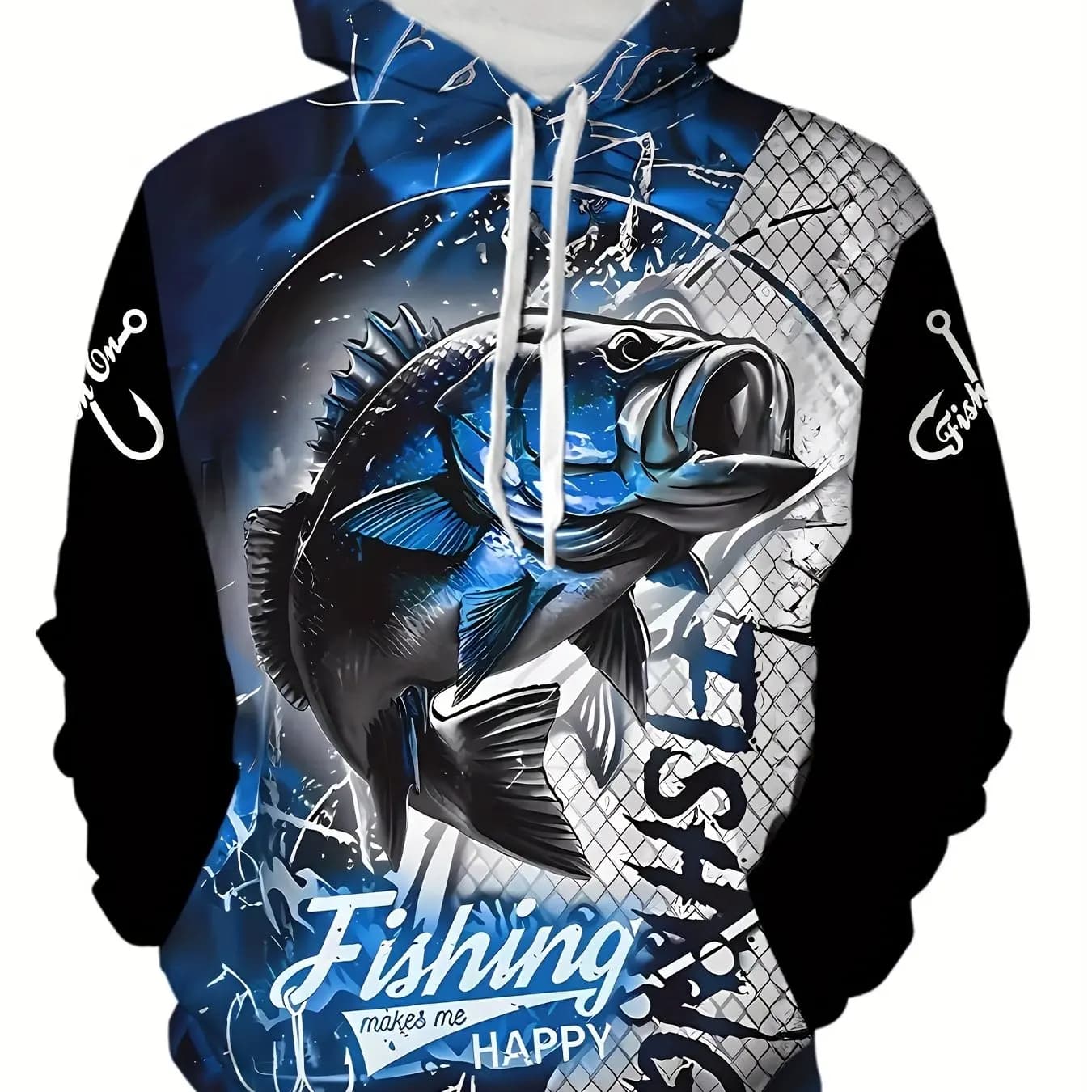 Unisex Bass Fish Fishing All Over Print Hoodie Fish Net Hook Letter Graphic Drawstring Pocket Outdoor Casual Sweatshirt