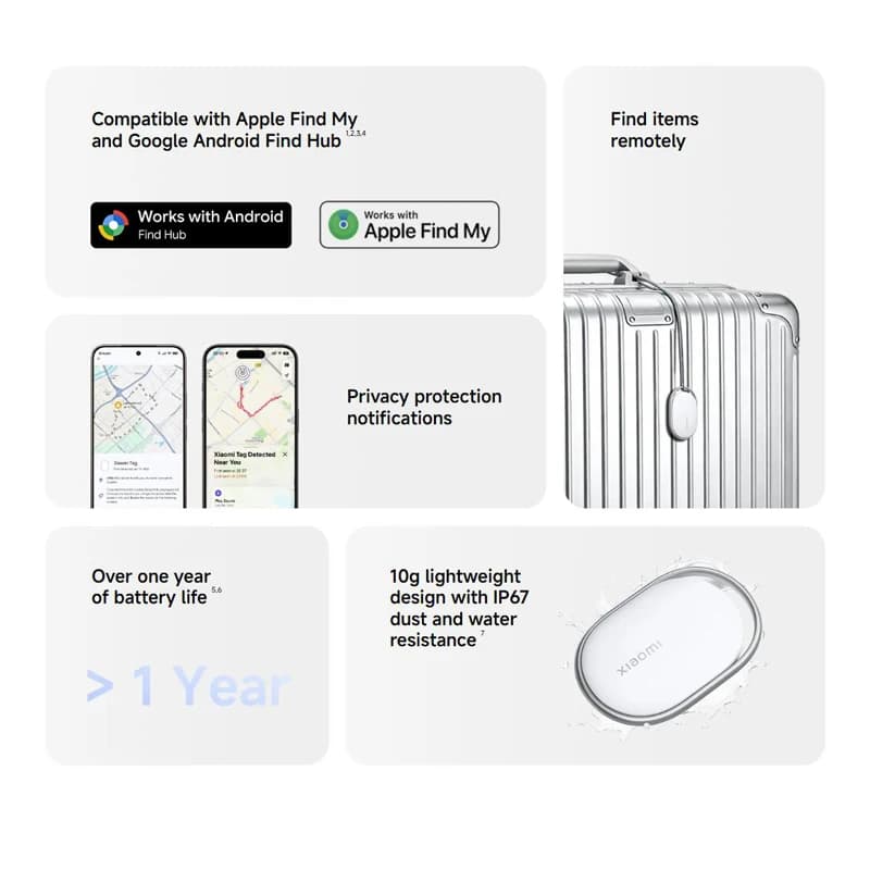 Dispositivo anti-smarrimento Xiaomi Tag con Bluetooth 5.4, tracker con grado di protezione IP67 impermeabile, compatibile con Google Find Hub o Apple Find My.