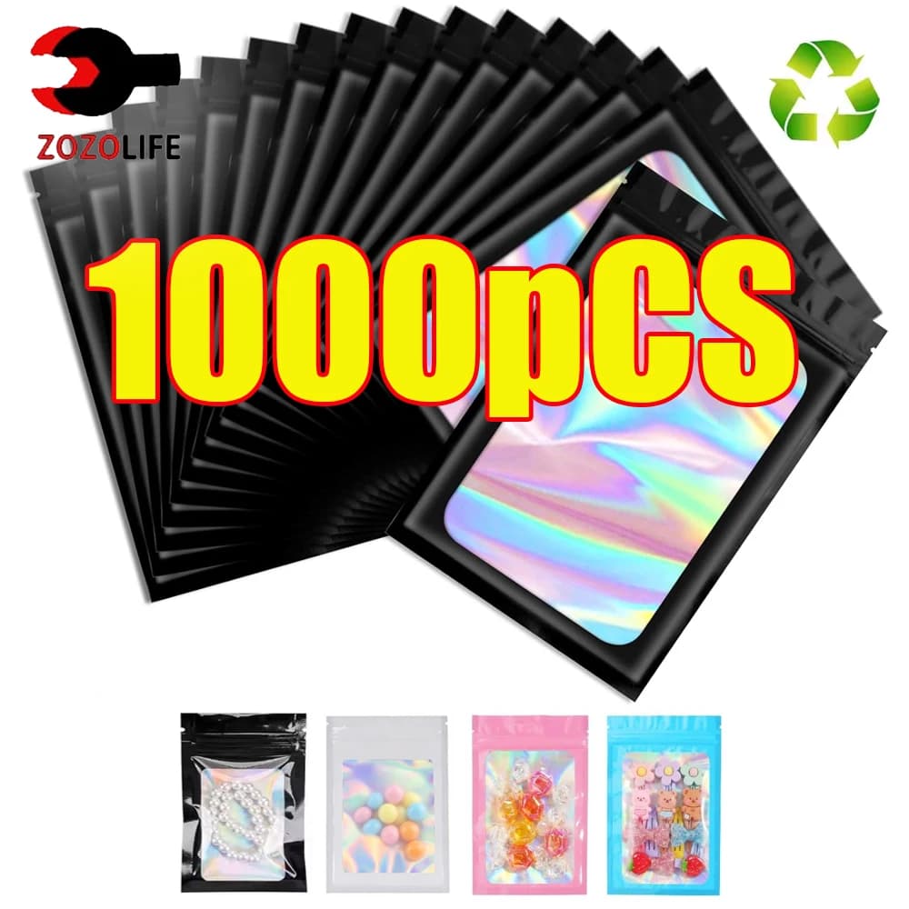 10-1000Pcs Holographic Ziplock Bag Black Plastic Laser Iridescent Zip Gift Bags for Manicure Eyelash Ring Jewelry Food Storage