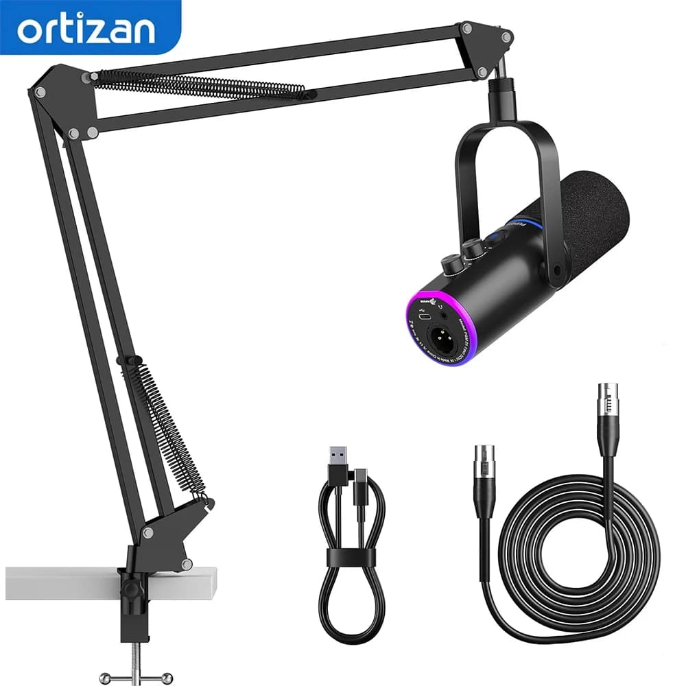 Microfono XLR/USB per Podcast, Microfono da Gaming con Pulsante Muto, Effetti di Riverbero, Cancellazione del Rumore, Supporto a Braccio, Jack per Cuffie